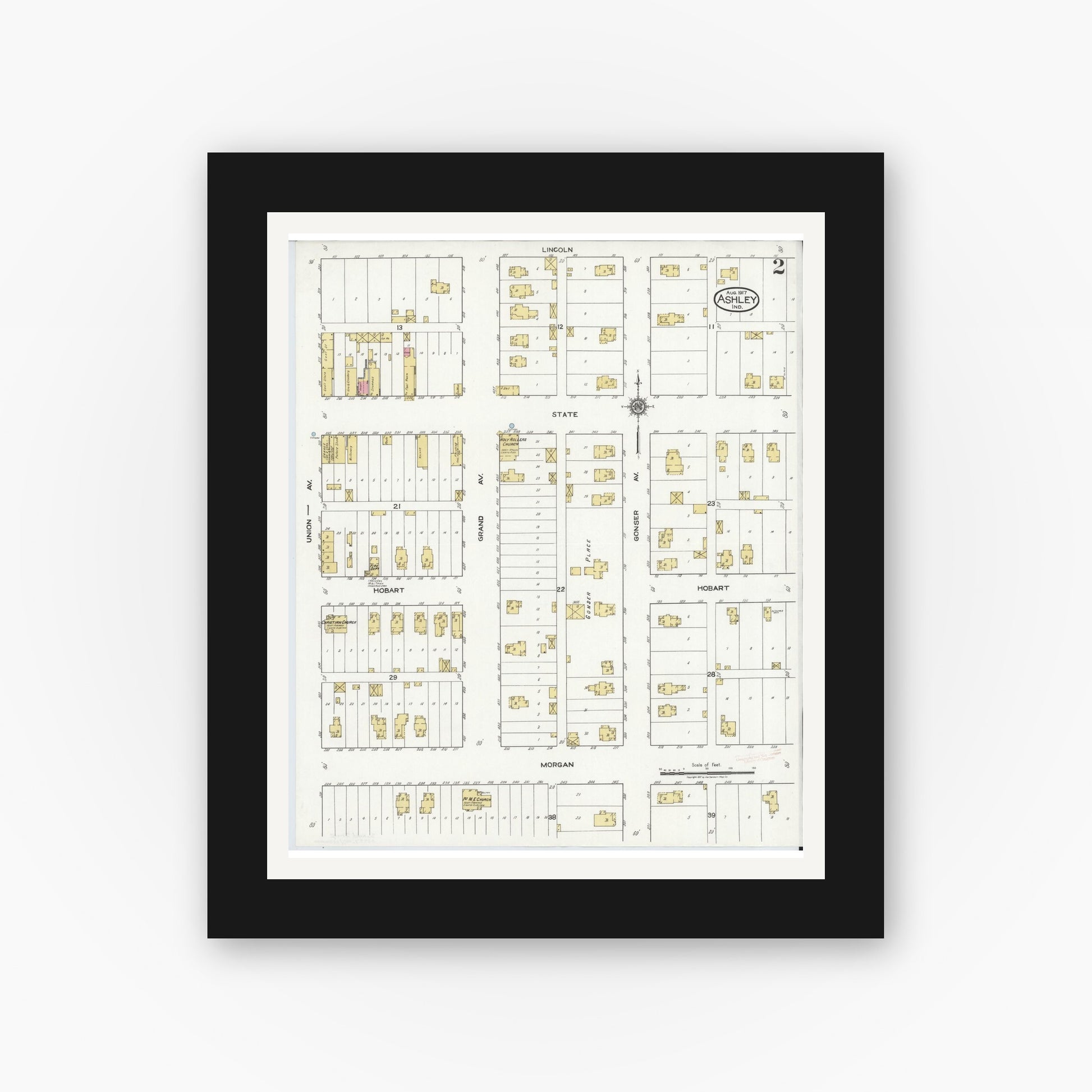 Old map wall art mockup — black gallery frame with white mat — Sanborn Fire Insurance Map from Ashley, Steuben County, Indiana (1917), Sheet #0002