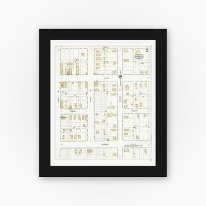Old map wall art mockup — black gallery frame with white mat — Sanborn Fire Insurance Map from Ashley, Steuben County, Indiana (1917), Sheet #0002