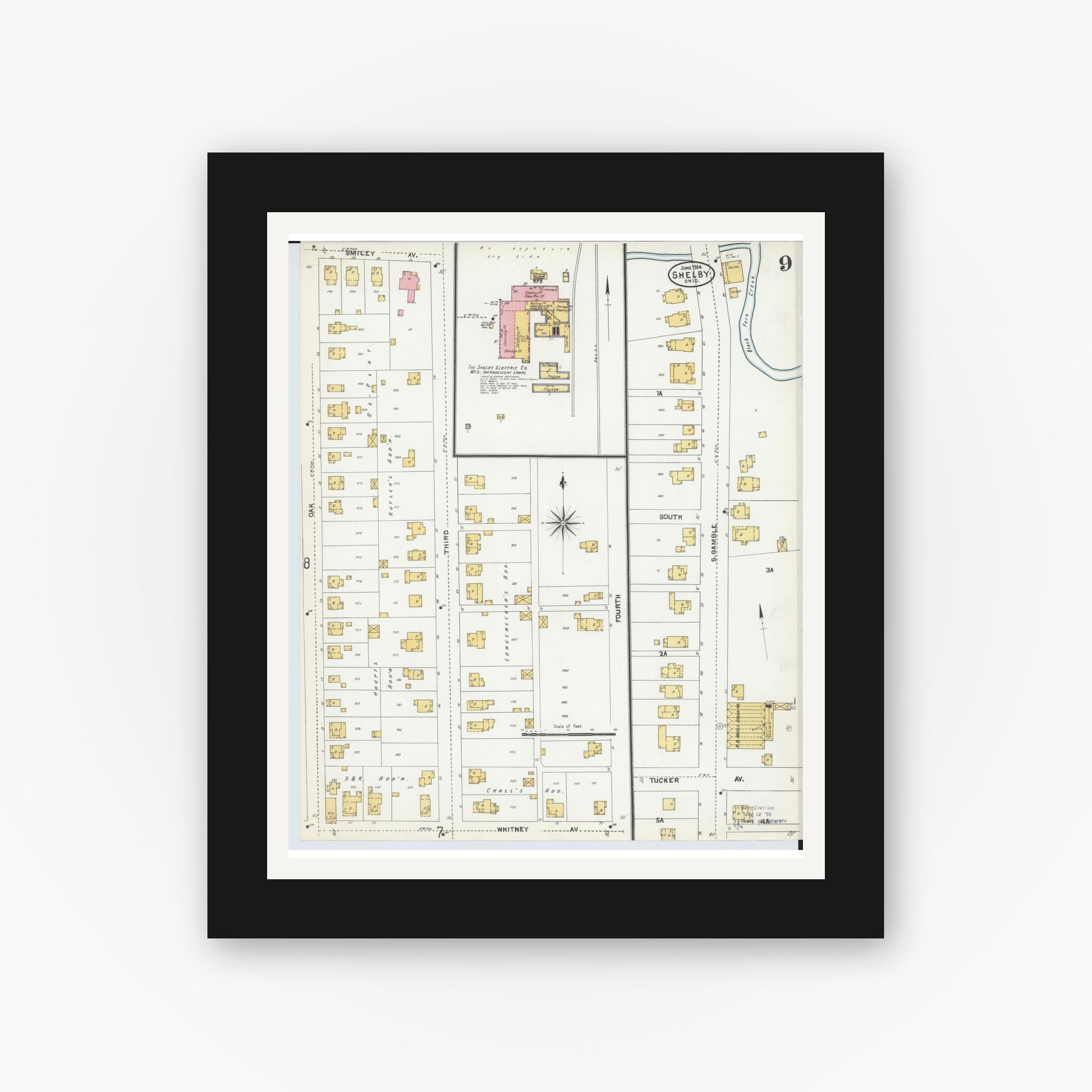 Old map wall art mockup — black gallery frame with white mat — Sanborn Fire Insurance Map from Shelby, Richland County, Ohio (1904), Sheet #0009