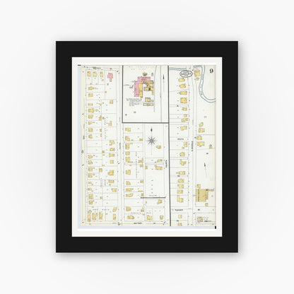 Old map wall art mockup — black gallery frame with white mat — Sanborn Fire Insurance Map from Shelby, Richland County, Ohio (1904), Sheet #0009