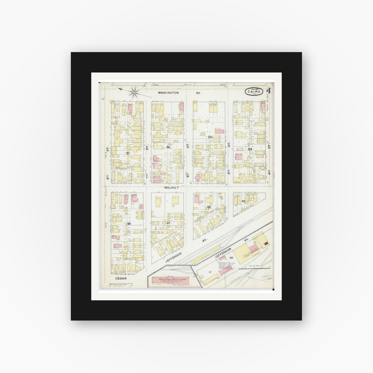 Old map wall art mockup — black gallery frame with white mat — Sanborn Fire Insurance Map from Cairo, Alexander County, Illinois (1891), Sheet #0004
