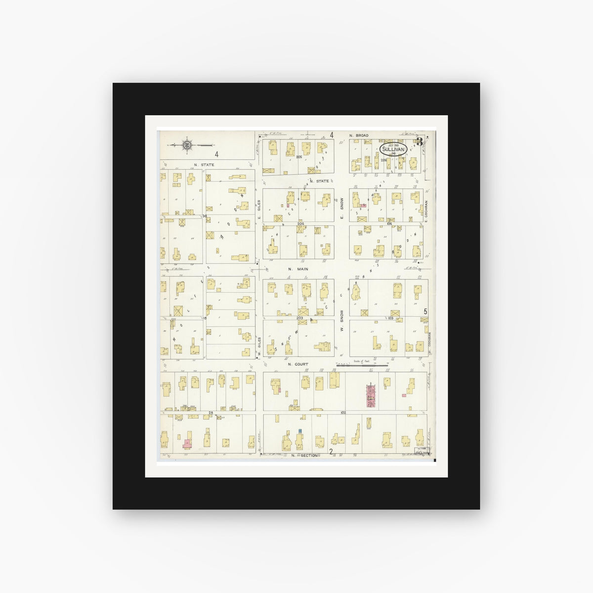 Old map wall art mockup — black gallery frame with white mat — Sanborn Fire Insurance Map from Sullivan, Sullivan County, Indiana (1913), Sheet #0003