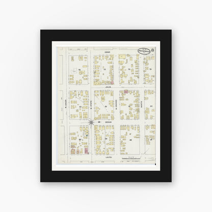 Old map wall art mockup — black gallery frame with white mat — Sanborn Fire Insurance Map from Jacksonville, Duval County, Florida (1891), Sheet #0008