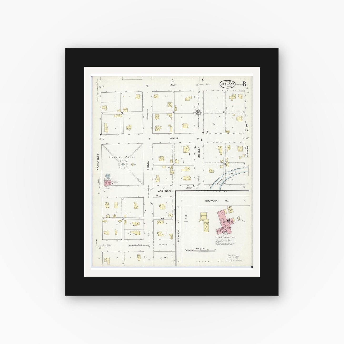 Old map wall art mockup — black gallery frame with white mat — Sanborn Fire Insurance Map from Glencoe, Mcleod County, Minnesota (1914), Sheet #0008