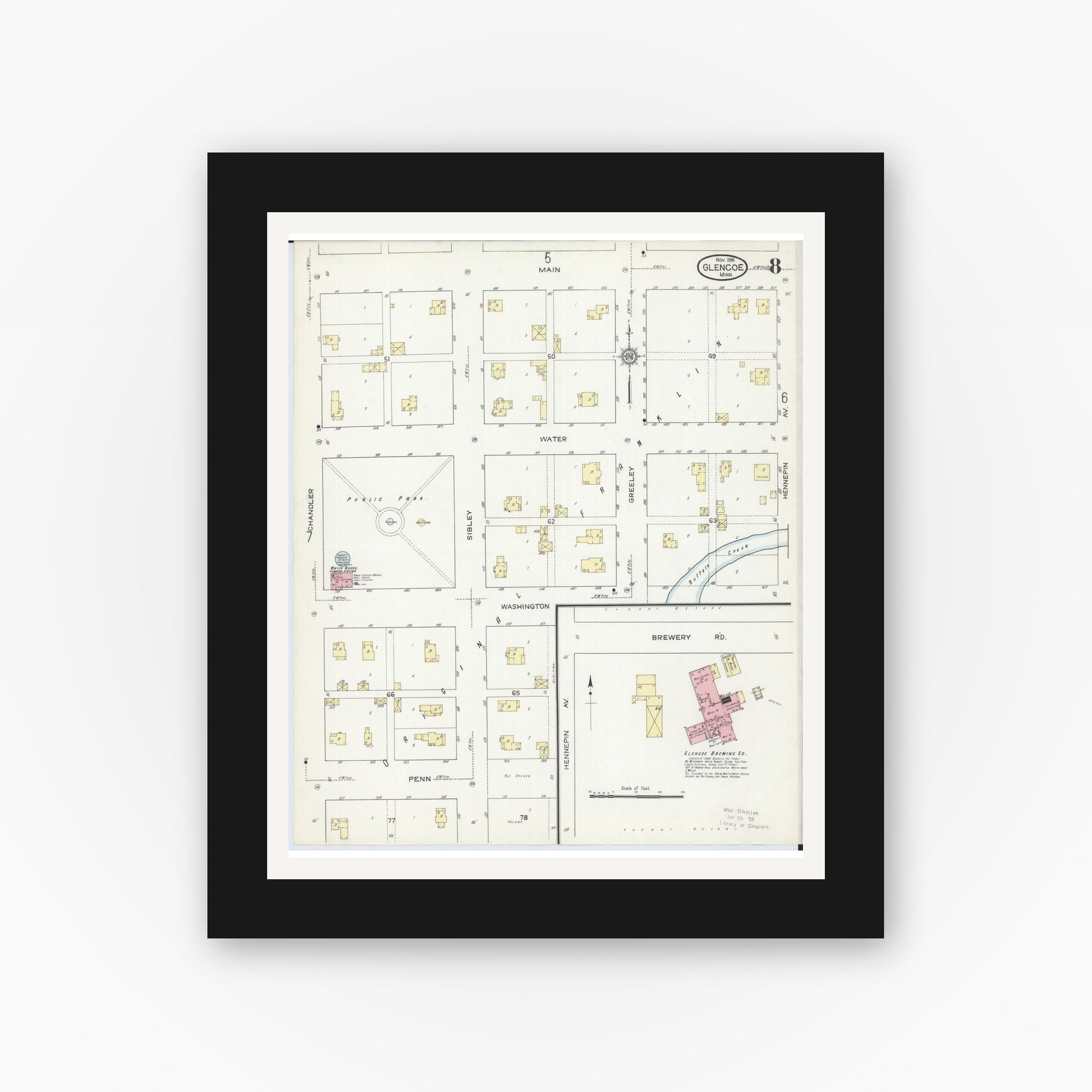 Old map wall art mockup — black gallery frame with white mat — Sanborn Fire Insurance Map from Glencoe, Mcleod County, Minnesota (1914), Sheet #0008