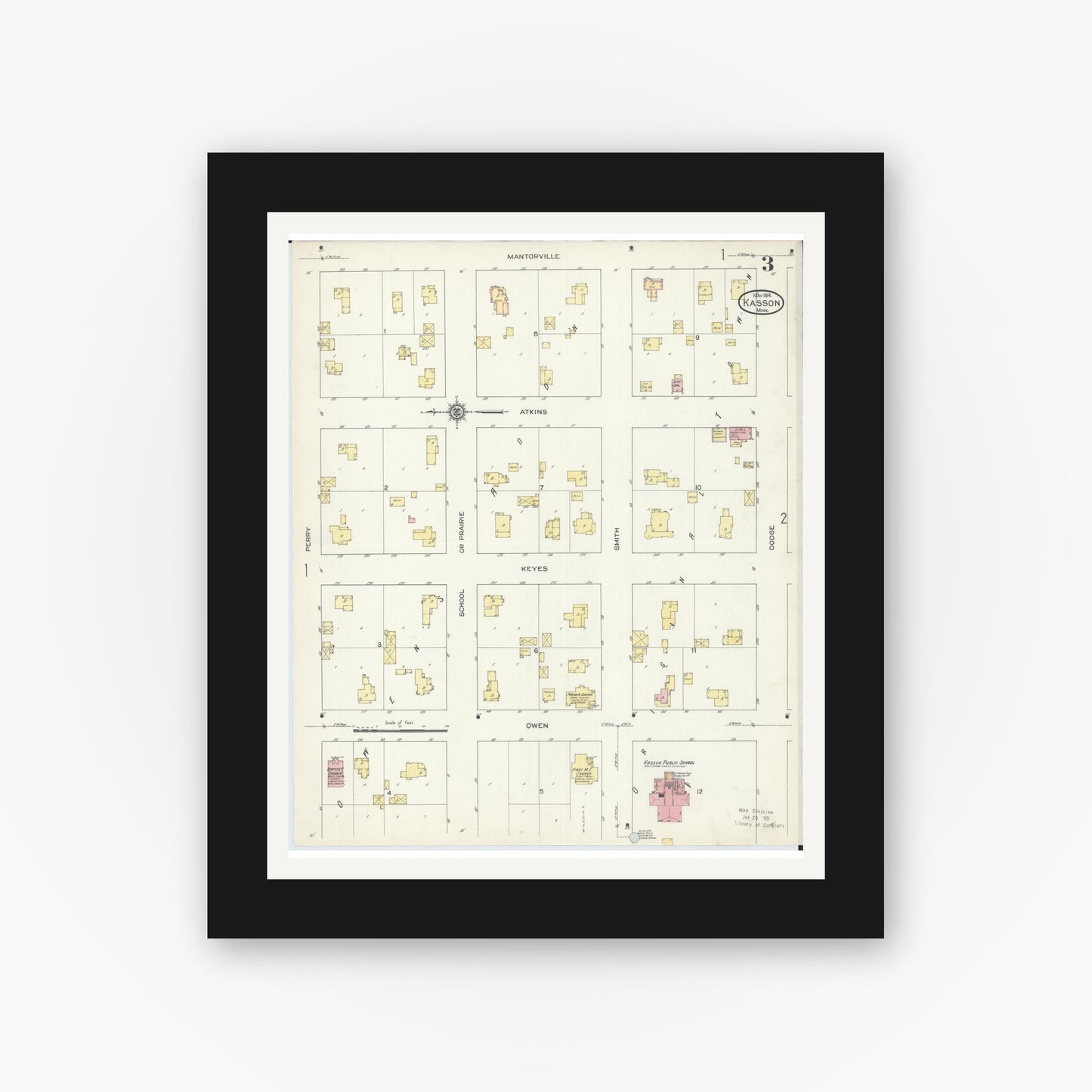 Old map wall art mockup — black gallery frame with white mat — Sanborn Fire Insurance Map from Kasson, Dodge County, Minnesota (1914), Sheet #0003