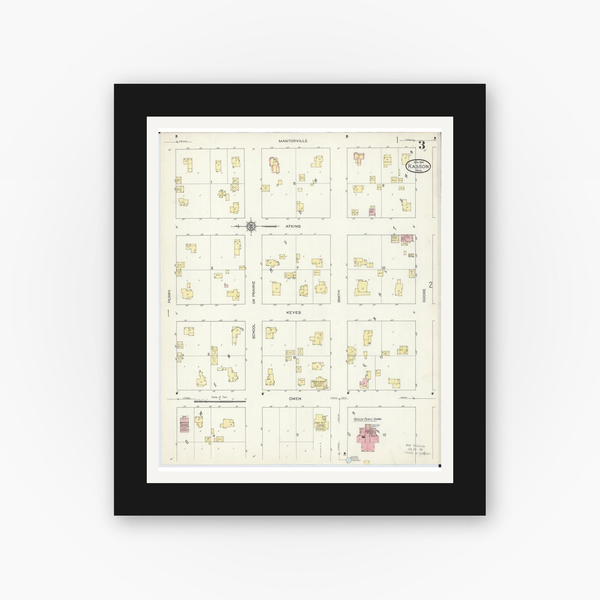 Old map wall art mockup — black gallery frame with white mat — Sanborn Fire Insurance Map from Kasson, Dodge County, Minnesota (1914), Sheet #0003