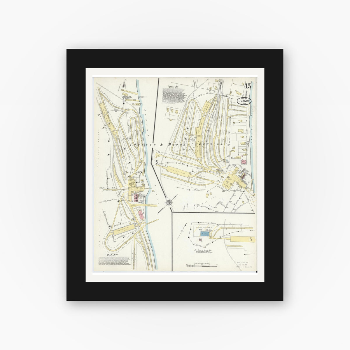 Old map wall art mockup — black gallery frame with white mat — Sanborn Fire Insurance Map from Orange, Orange County, Texas (1914), Sheet #0015