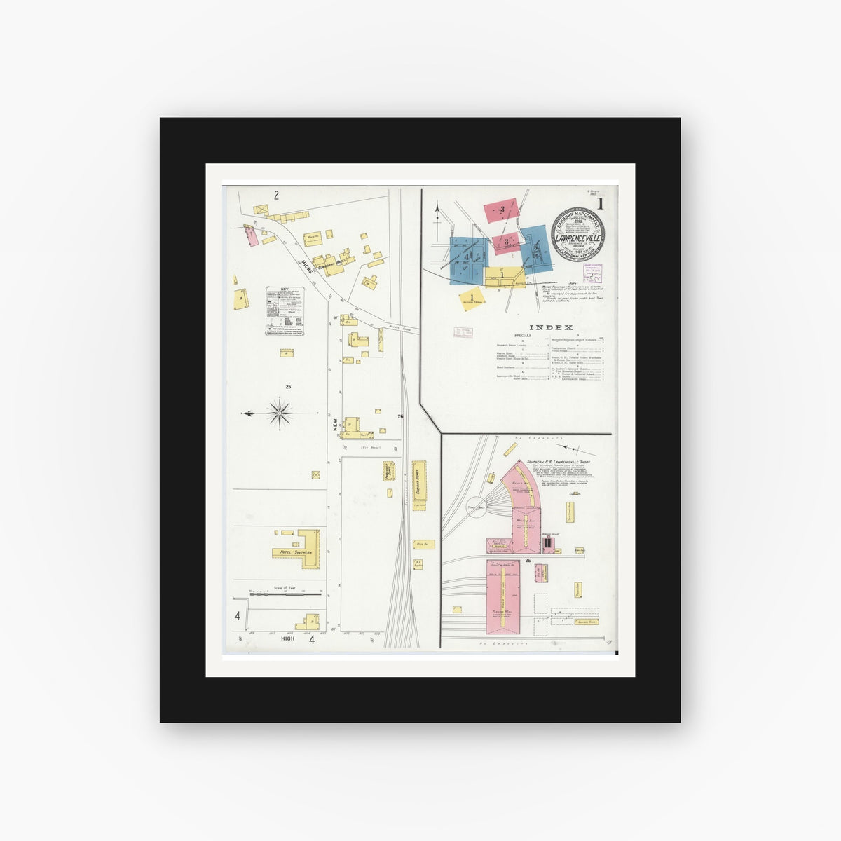Old map wall art mockup — black gallery frame with white mat — Sanborn Fire Insurance Map from Lawrenceville, Brunswick County, Virginia (1907) - Complete Map Set