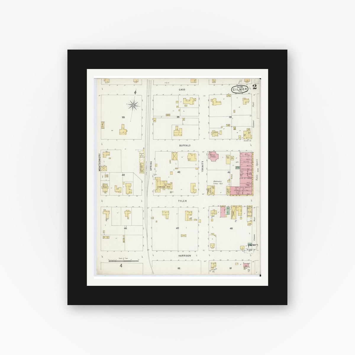 Old map wall art mockup — black gallery frame with white mat — Sanborn Fire Insurance Map from Gilmer, Upshur County, Texas (1896), Sheet #0002