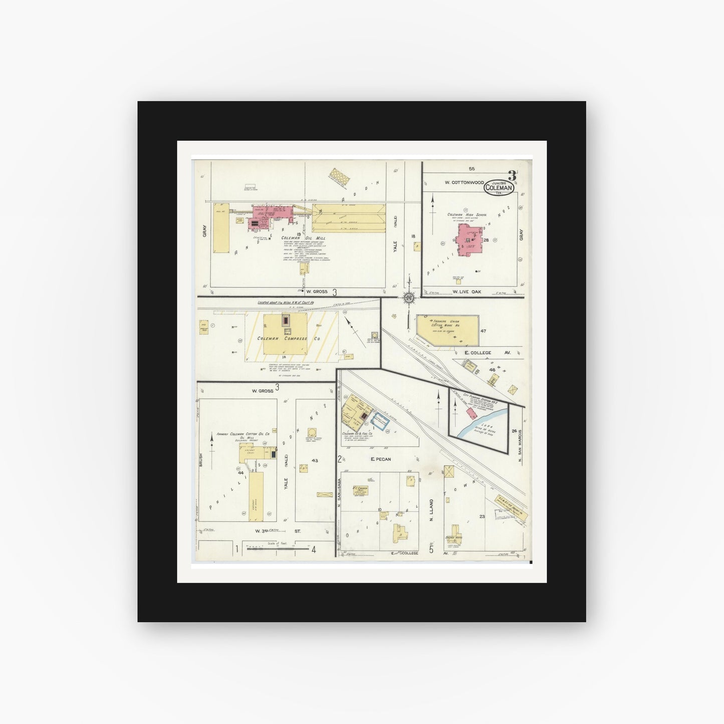 Old map wall art mockup — black gallery frame with white mat — Sanborn Fire Insurance Map from Coleman, Coleman County, Texas (1916), Sheet #0003