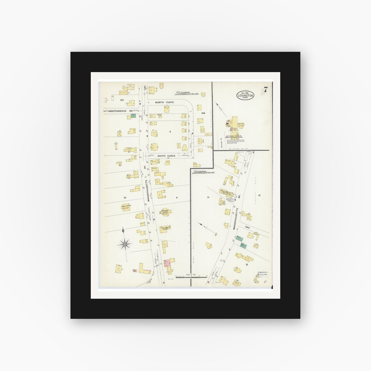 Old map wall art mockup — black gallery frame with white mat — Sanborn Fire Insurance Map from Lexington, Middlesex County, Massachusetts (1908), Sheet #0007