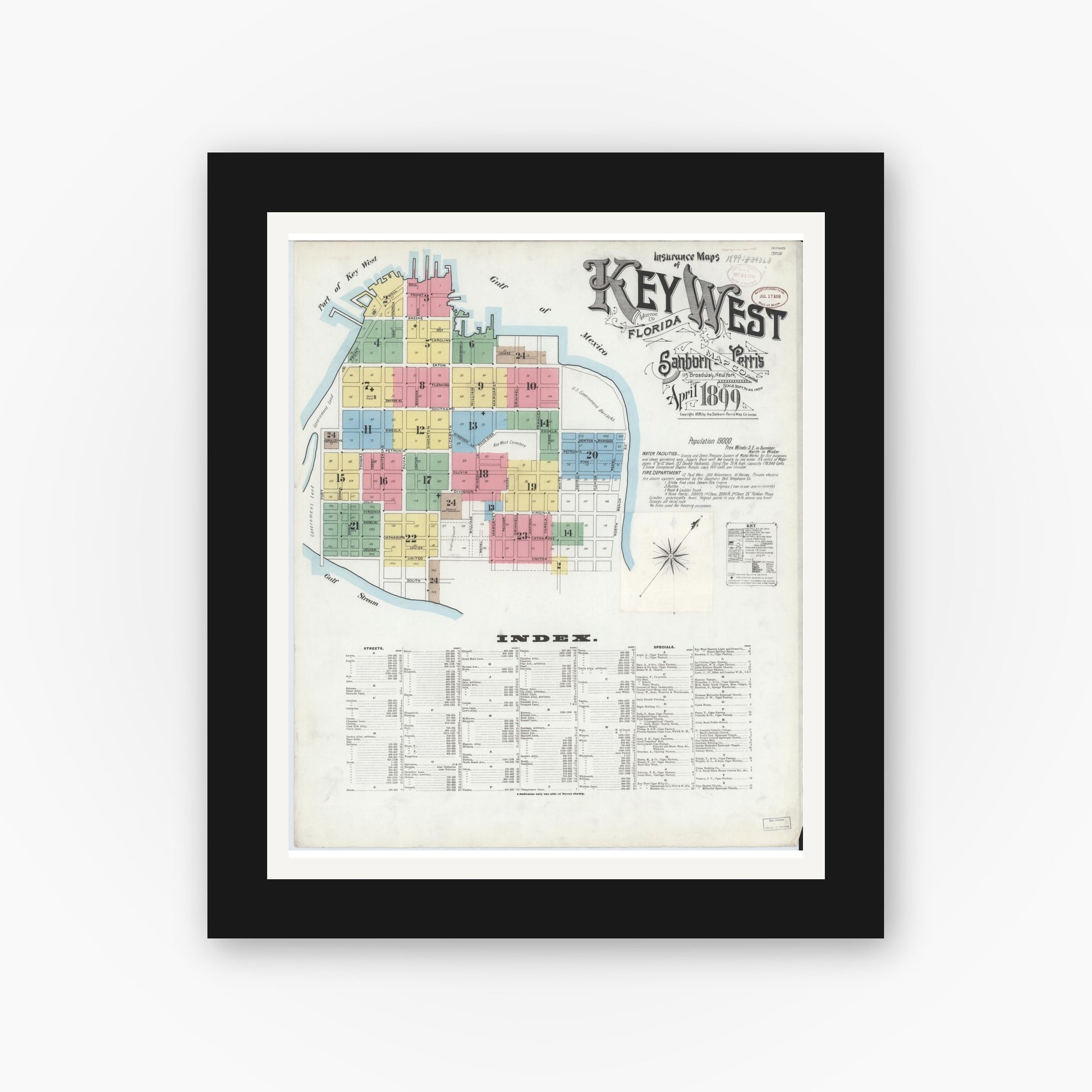 Old map wall art mockup — black gallery frame with white mat — Sanborn Fire Insurance Map from Key West, Monroe County, Florida (1899) - Complete Map Set