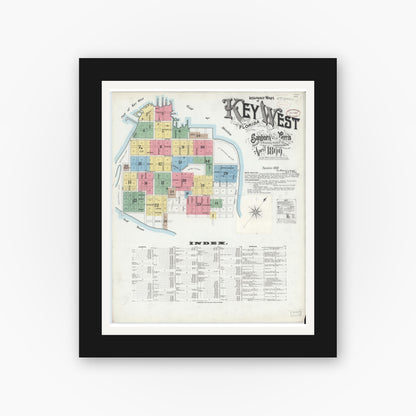 Old map wall art mockup — black gallery frame with white mat — Sanborn Fire Insurance Map from Key West, Monroe County, Florida (1899) - Complete Map Set