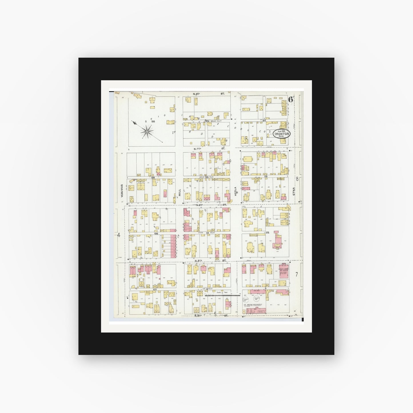 Old map wall art mockup — black gallery frame with white mat — Sanborn Fire Insurance Map from Ironton, Lawrence County, Ohio (1904), Sheet #0006