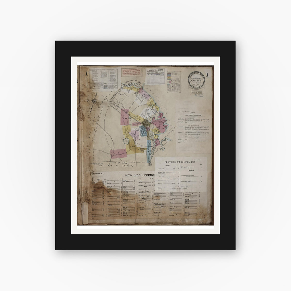 Old map wall art mockup — black gallery frame with white mat — Sanborn Fire Insurance Map from Cohasset, Norfolk County, Massachusetts (1963), Sheet #0001