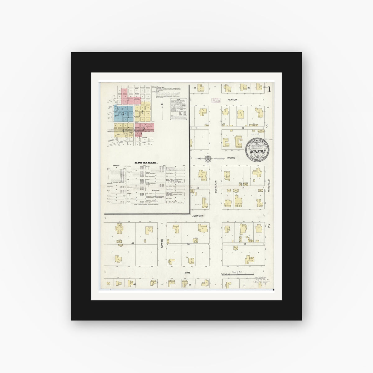 Old map wall art mockup — black gallery frame with white mat — Sanborn Fire Insurance Map from Mineola, Wood County, Texas (1912) - Complete Map Set