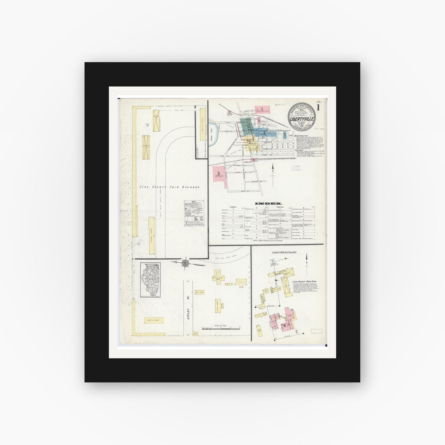 Old map wall art mockup — black gallery frame with white mat — Sanborn Fire Insurance Map from Libertyville, Lake County, Illinois (1912) - Complete Map Set