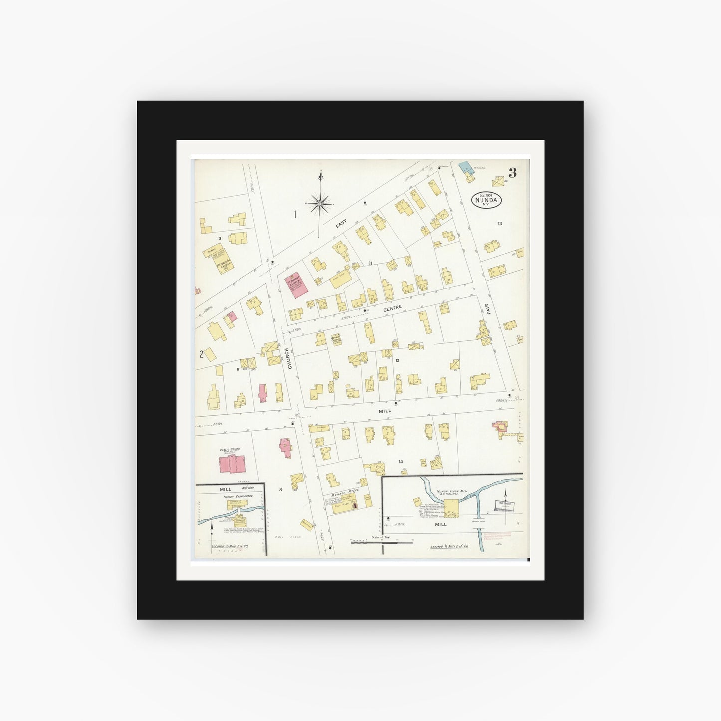 Old map wall art mockup — black gallery frame with white mat — Sanborn Fire Insurance Map from Nunda, Livingston County, New York (1908), Sheet #0003