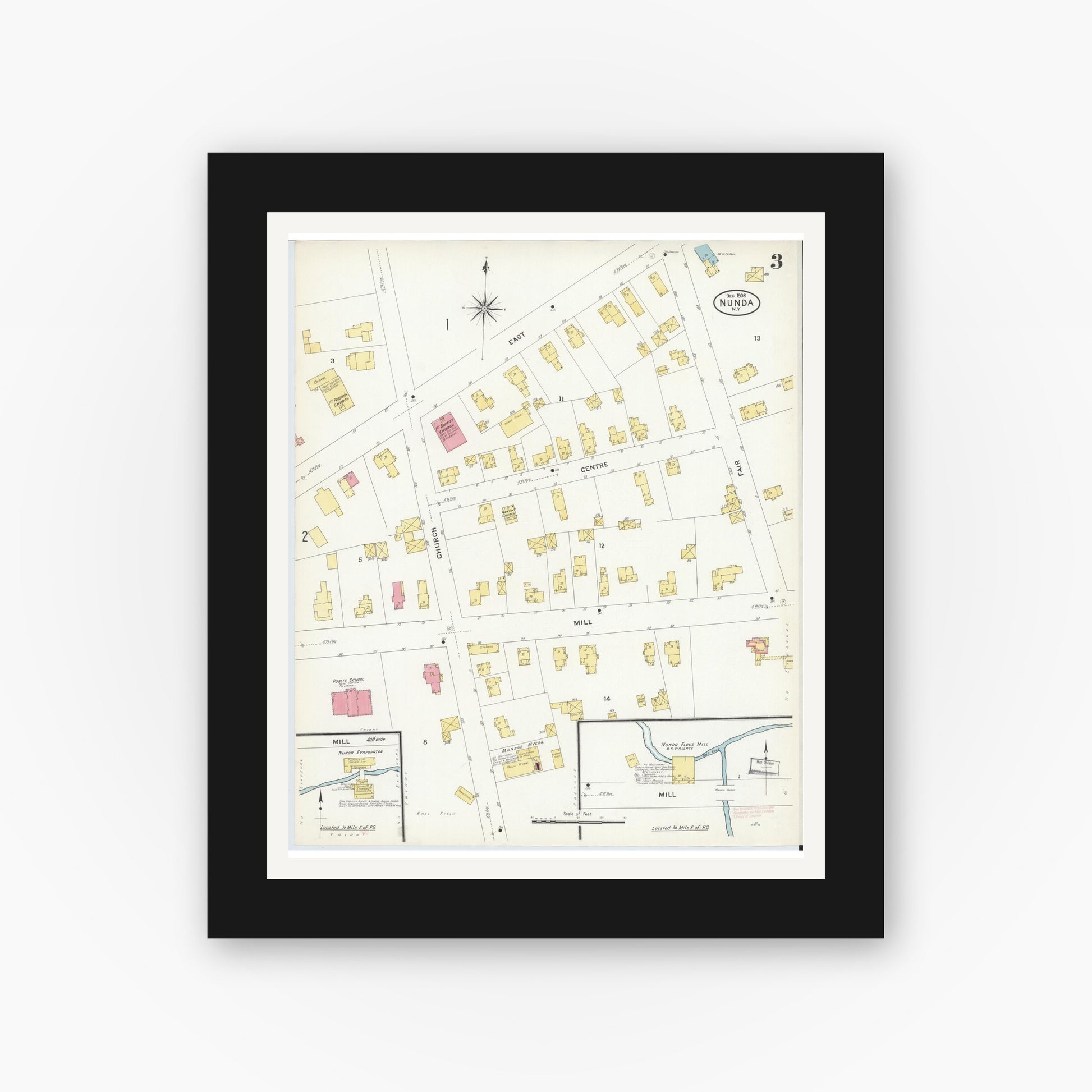 Old map wall art mockup — black gallery frame with white mat — Sanborn Fire Insurance Map from Nunda, Livingston County, New York (1908), Sheet #0003