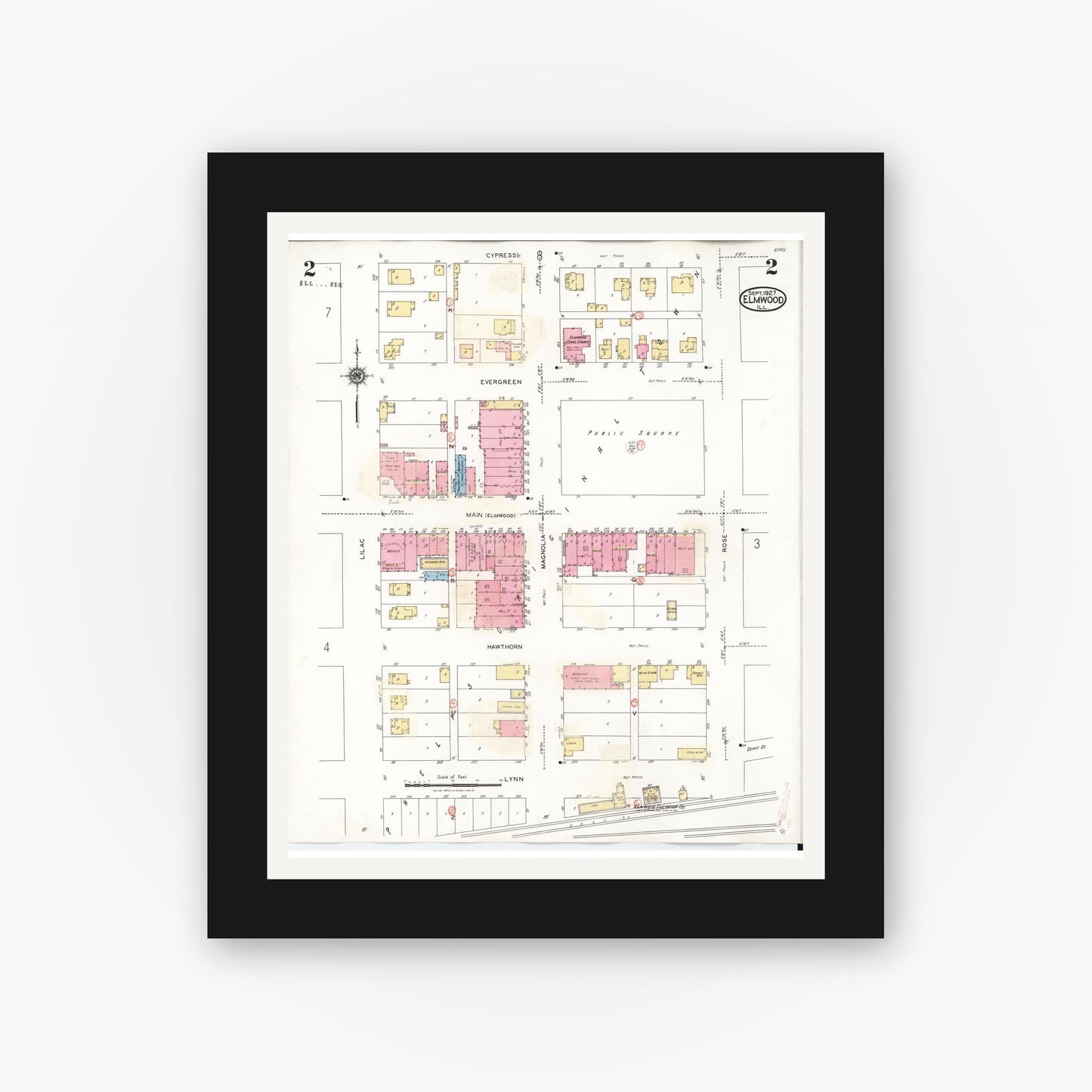 Old map wall art mockup — black gallery frame with white mat — Sanborn Fire Insurance Map from Elmwood, Peoria County, Illinois (1944), Sheet #0002