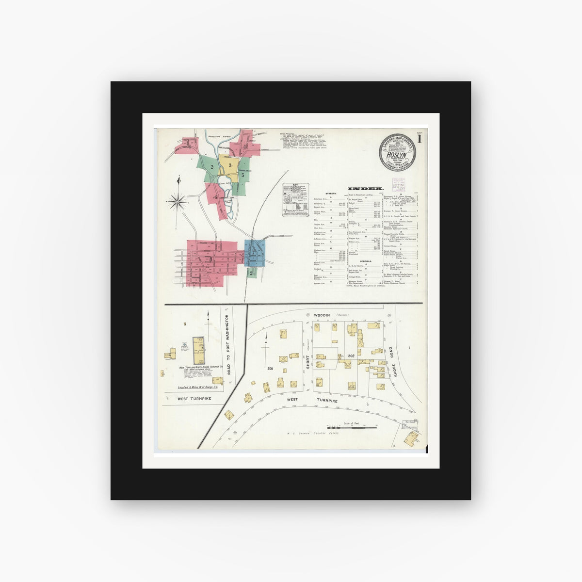 Old map wall art mockup — black gallery frame with white mat — Sanborn Fire Insurance Map from Roslyn, Nassau County, New York (1908) - Complete Map Set