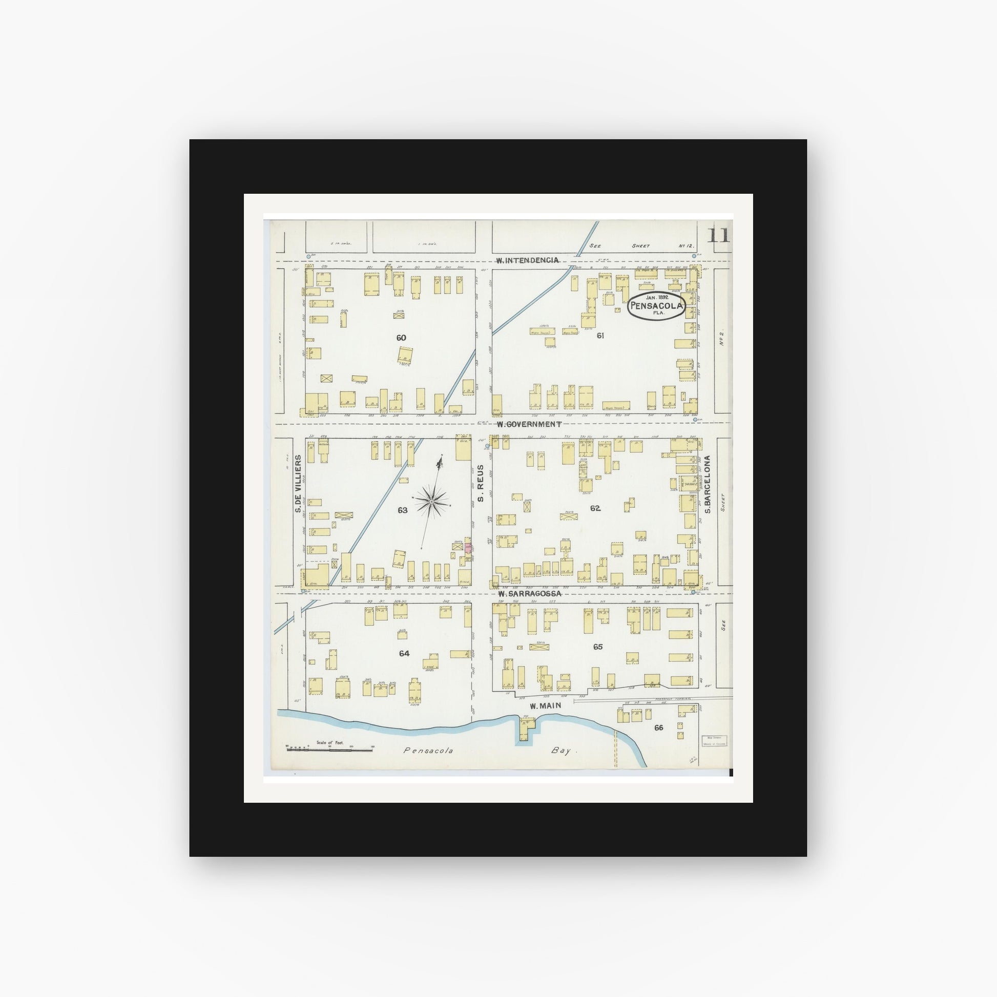 Old map wall art mockup — black gallery frame with white mat — Sanborn Fire Insurance Map from Pensacola, Escambia County, Florida (1892), Sheet #0011