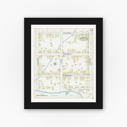 Old map wall art mockup — black gallery frame with white mat — Sanborn Fire Insurance Map from Pensacola, Escambia County, Florida (1892), Sheet #0011