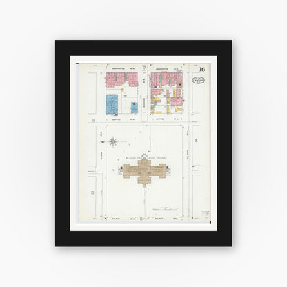 Old map wall art mockup — black gallery frame with white mat — Sanborn Fire Insurance Map from Lansing, Ingham County, Michigan (1906), Sheet #0016