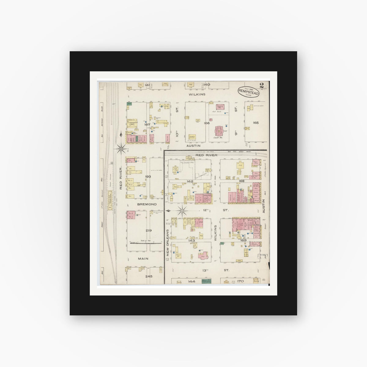 Old map wall art mockup — black gallery frame with white mat — Sanborn Fire Insurance Map from Hempstead, Waller County, Texas (1885), Sheet #0002