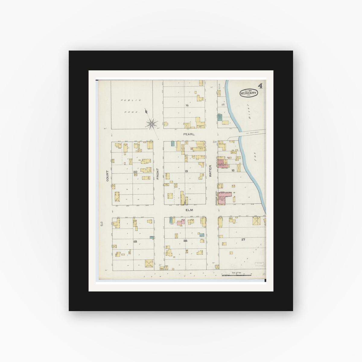 Old map wall art mockup — black gallery frame with white mat — Sanborn Fire Insurance Map from McHenry, McHenry County, Illinois (1893), Sheet #0004