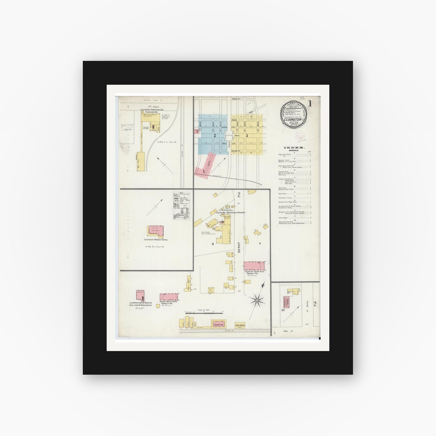 Old map wall art mockup — black gallery frame with white mat — Sanborn Fire Insurance Map from Lexington, Davidson County, North Carolina (1896) - Complete Map Set