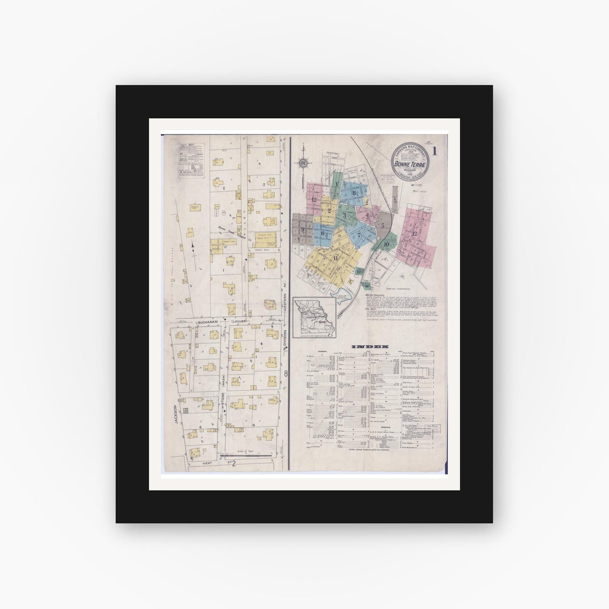Old map wall art mockup — black gallery frame with white mat — Sanborn Fire Insurance Map from Bonne Terre, Saint Francois County, Missouri (1915) - Complete Map Set