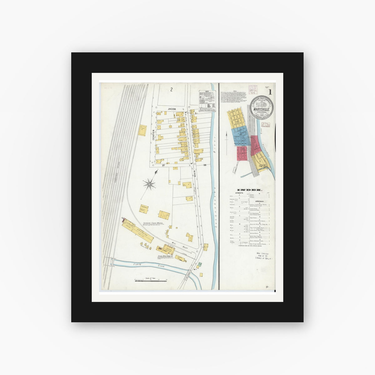 Old map wall art mockup — black gallery frame with white mat — Sanborn Fire Insurance Map from Marysville, Perry County, Pennsylvania (1905) - Complete Map Set