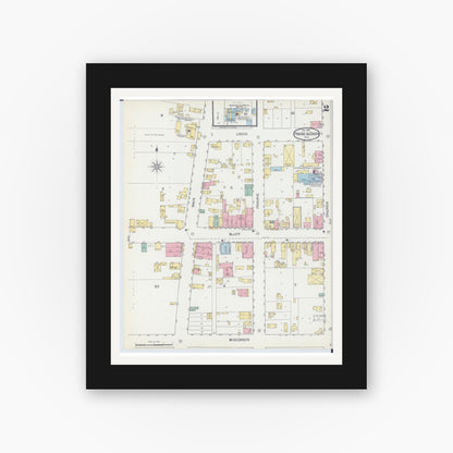 Old map wall art mockup — black gallery frame with white mat — Sanborn Fire Insurance Map from Prairie du Chien, Crawford County, Wisconsin (1892), Sheet #0002
