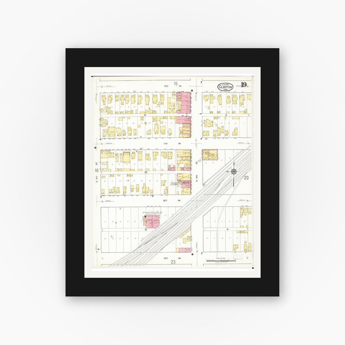 Old map wall art mockup — black gallery frame with white mat — Sanborn Fire Insurance Map from Clinton, Clinton County, Iowa (1917), Sheet #0019