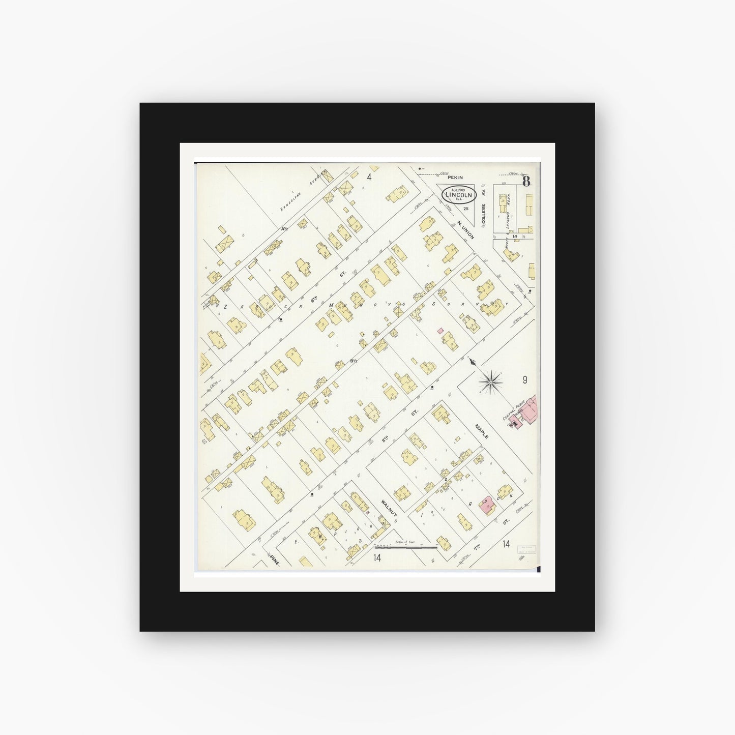 Old map wall art mockup — black gallery frame with white mat — Sanborn Fire Insurance Map from Lincoln, Logan County, Illinois (1909), Sheet #0008