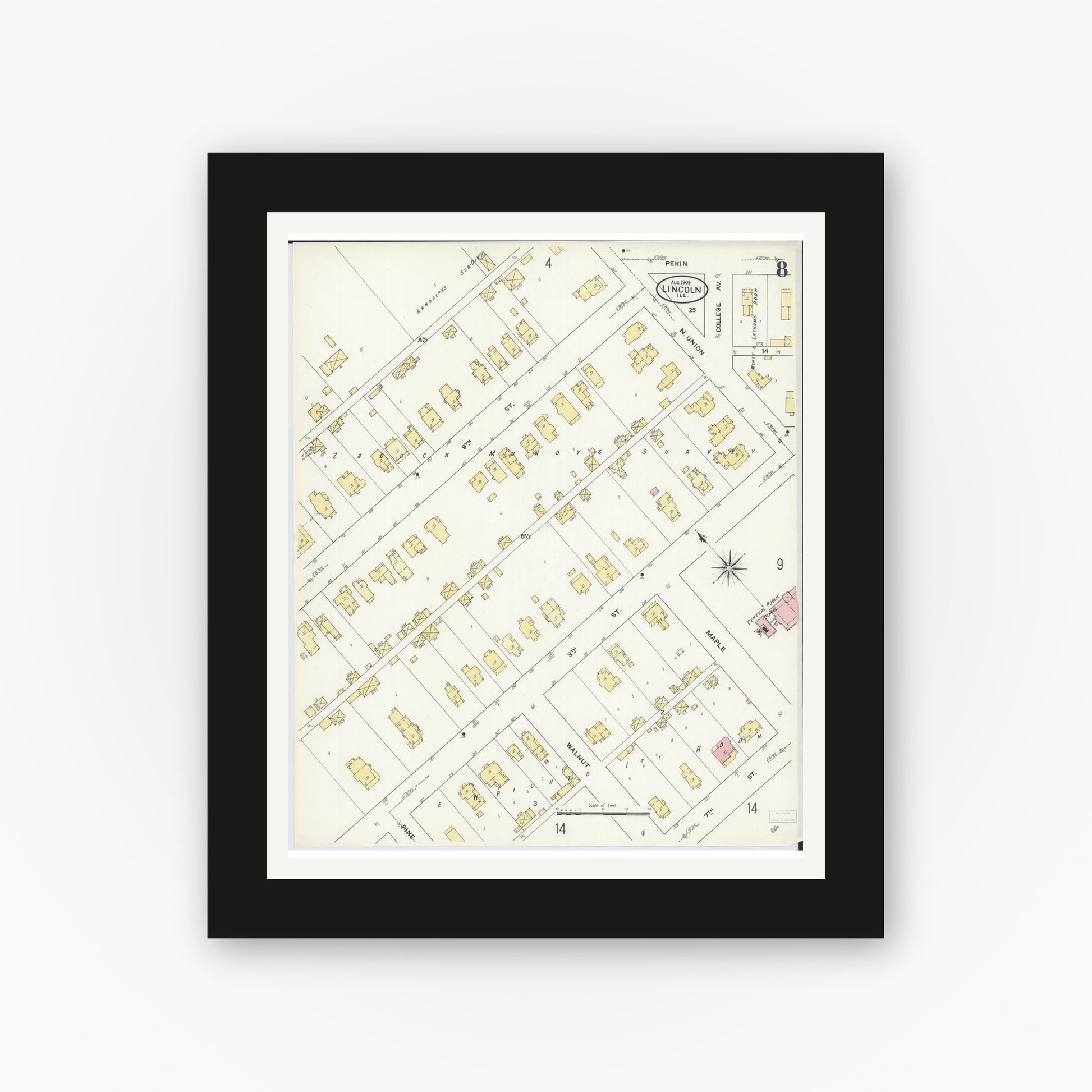 Old map wall art mockup — black gallery frame with white mat — Sanborn Fire Insurance Map from Lincoln, Logan County, Illinois (1909), Sheet #0008