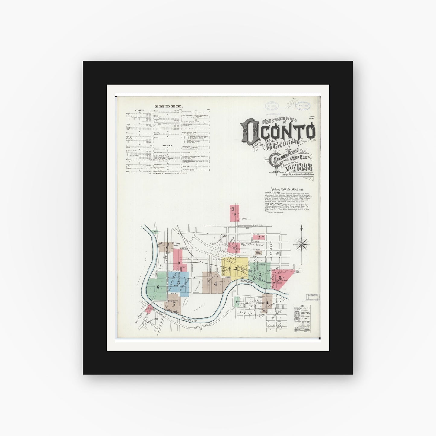 Old map wall art mockup — black gallery frame with white mat — Sanborn Fire Insurance Map from Oconto, Oconto County, Wisconsin (1898), Sheet #0001