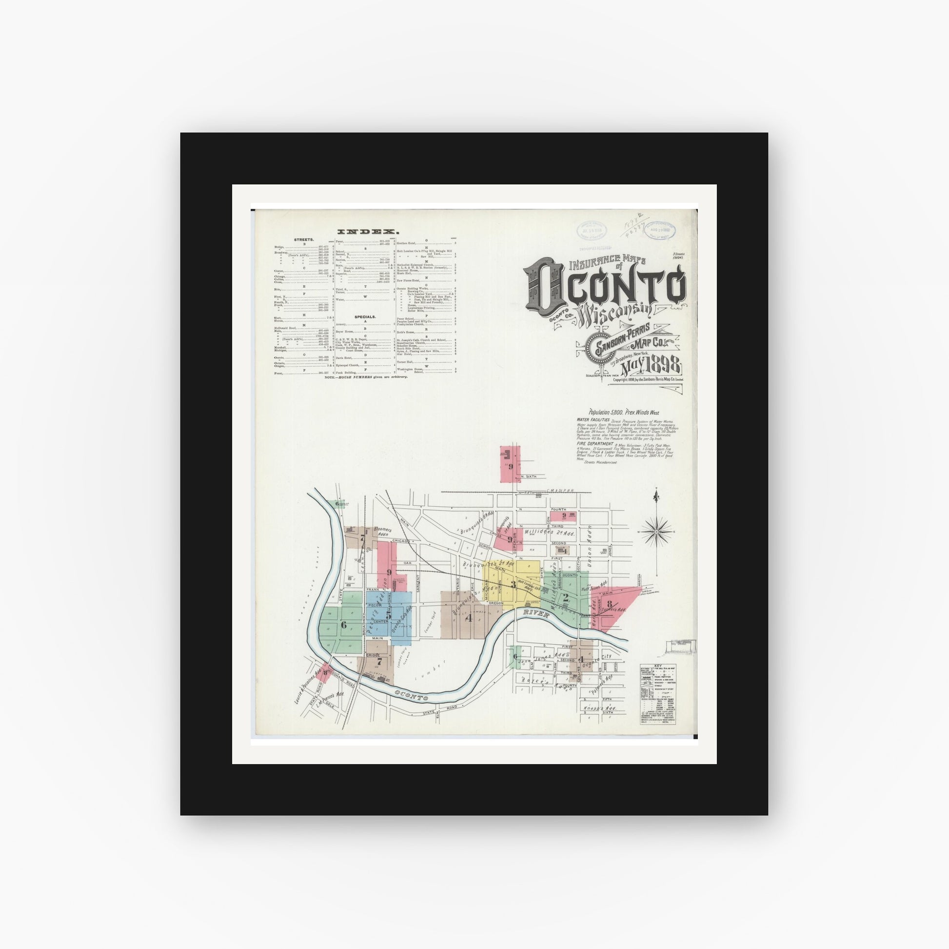 Old map wall art mockup — black gallery frame with white mat — Sanborn Fire Insurance Map from Oconto, Oconto County, Wisconsin (1898), Sheet #0001