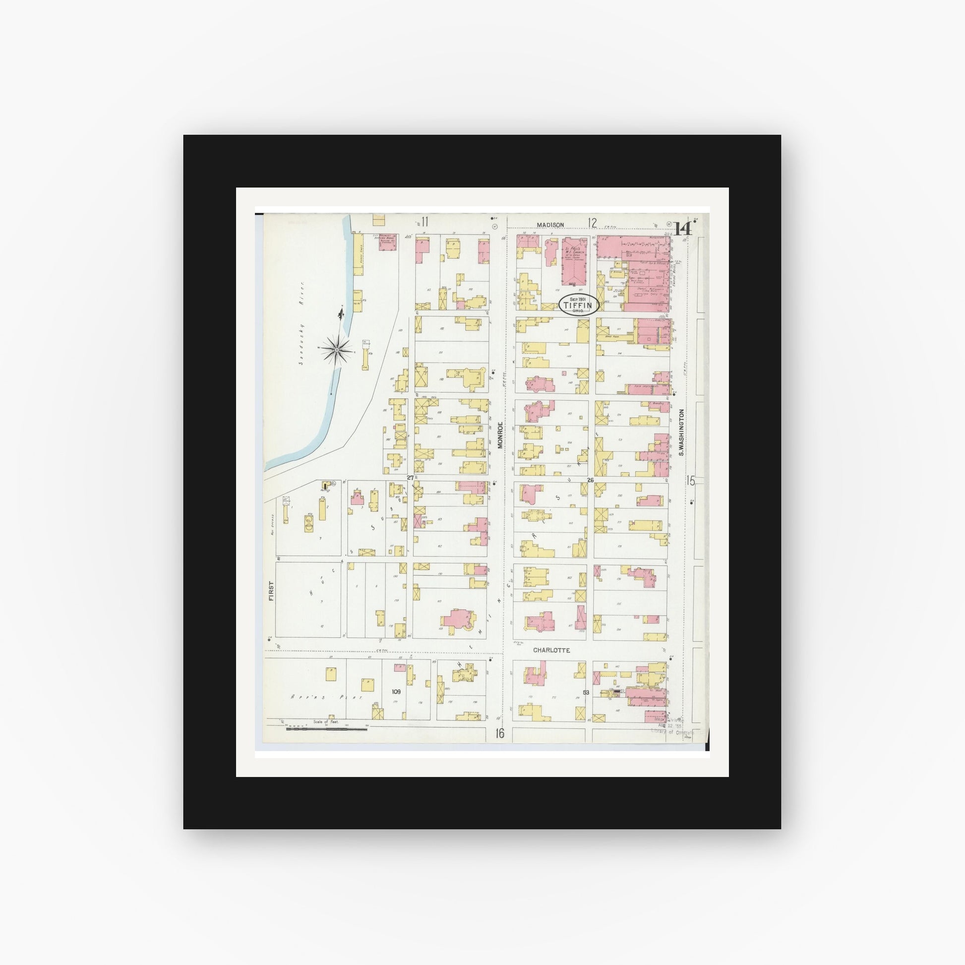 Old map wall art mockup — black gallery frame with white mat — Sanborn Fire Insurance Map from Tiffin, Seneca County, Ohio (1901), Sheet #0014