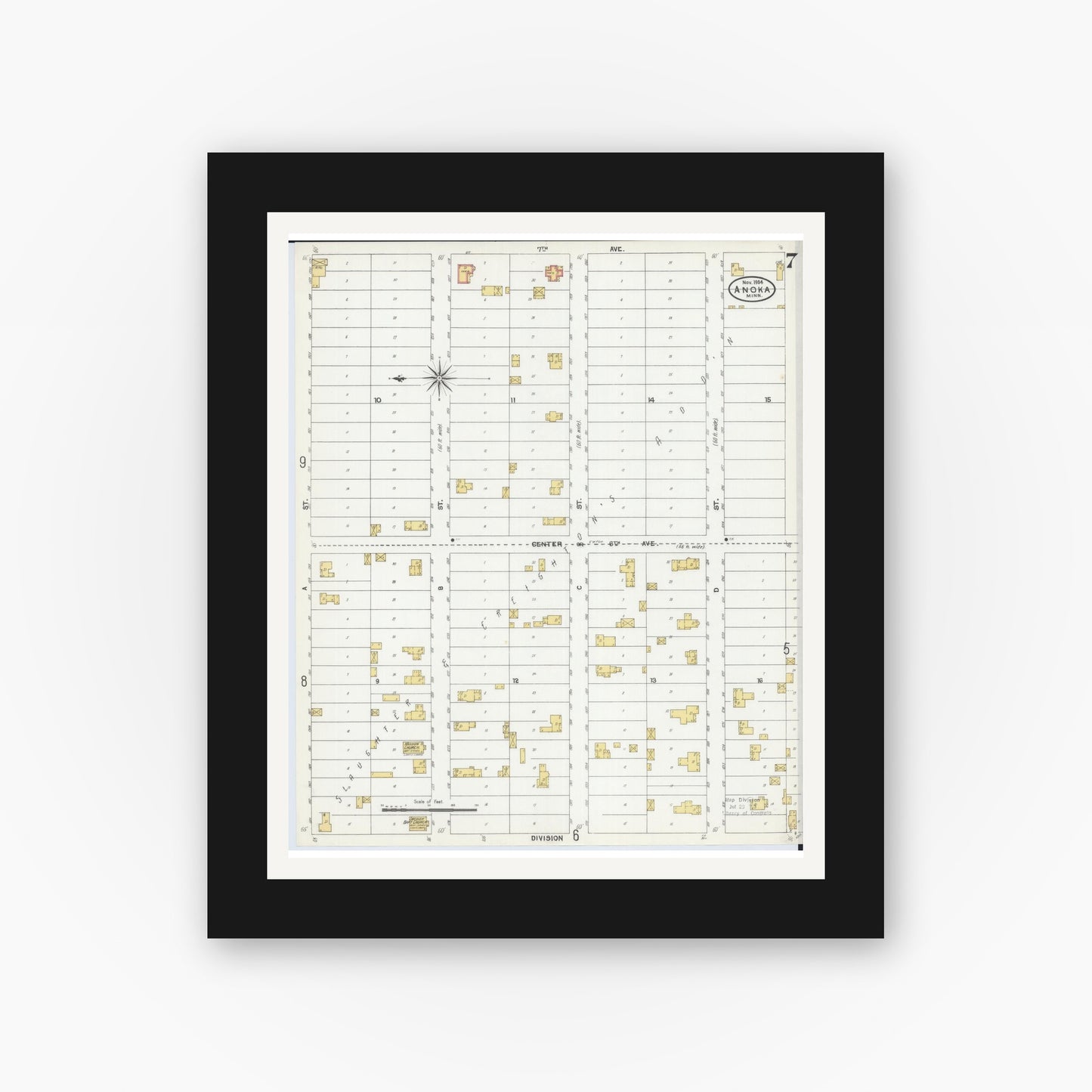 Old map wall art mockup — black gallery frame with white mat — Sanborn Fire Insurance Map from Anoka, Anoka County, Minnesota (1904), Sheet #0007