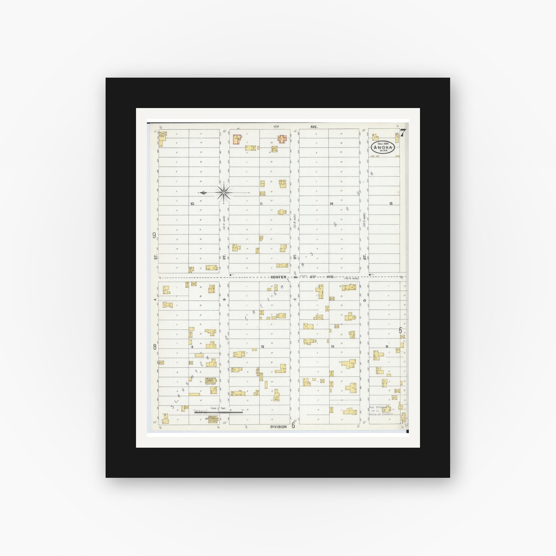Old map wall art mockup — black gallery frame with white mat — Sanborn Fire Insurance Map from Anoka, Anoka County, Minnesota (1904), Sheet #0007