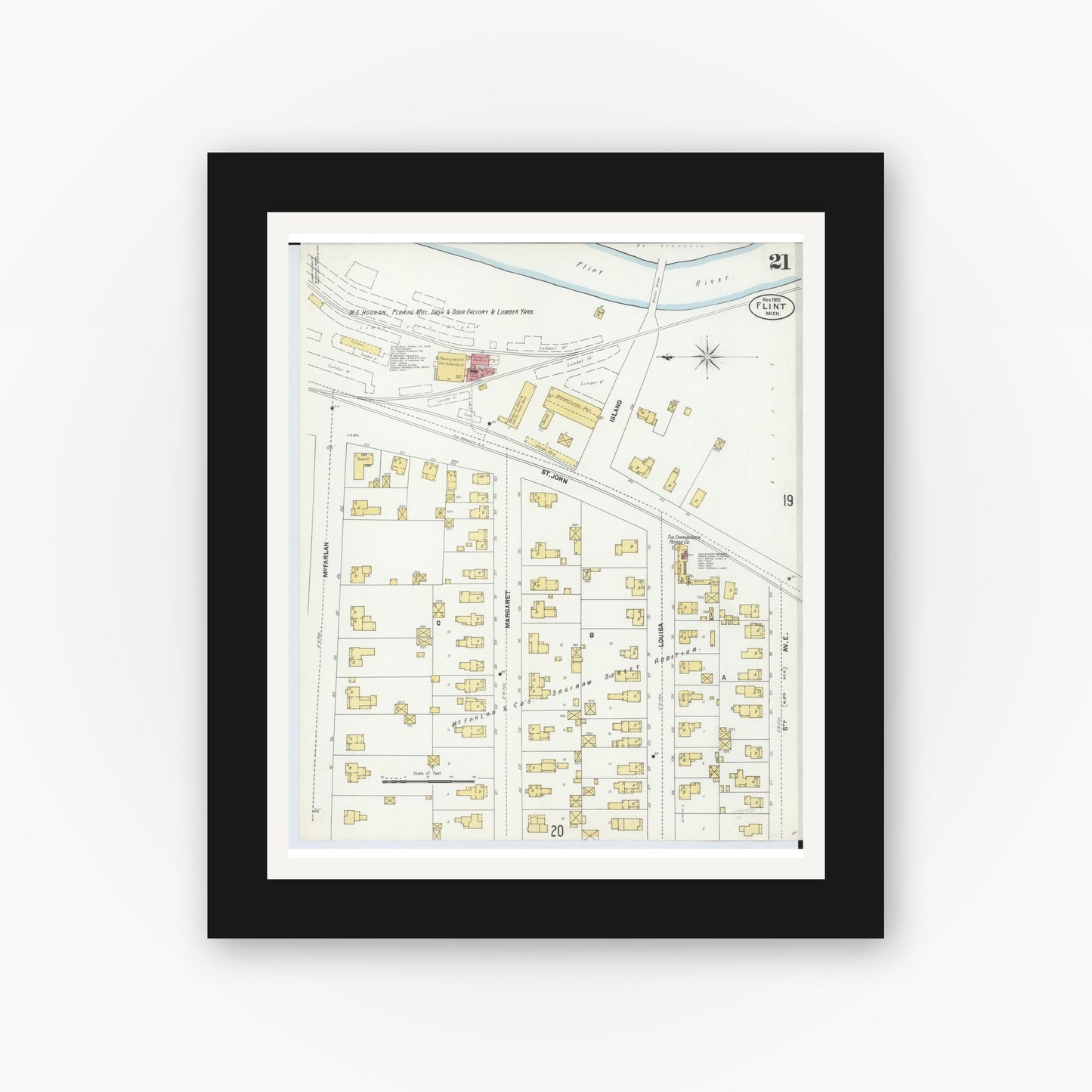 Old map wall art mockup — black gallery frame with white mat — Sanborn Fire Insurance Map from Flint, Genesee County, Michigan (1902), Sheet #0021