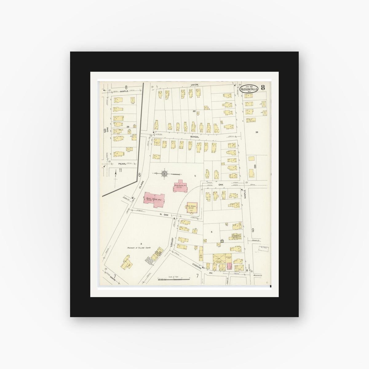 Old map wall art mockup — black gallery frame with white mat — Sanborn Fire Insurance Map from Hudson Falls, Washington County, New York (1913), Sheet #0008