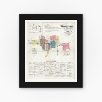 Old map wall art mockup — black gallery frame with white mat — Sanborn Fire Insurance Map from Waynesburg, Greene County, Pennsylvania (1925) - Complete Map Set