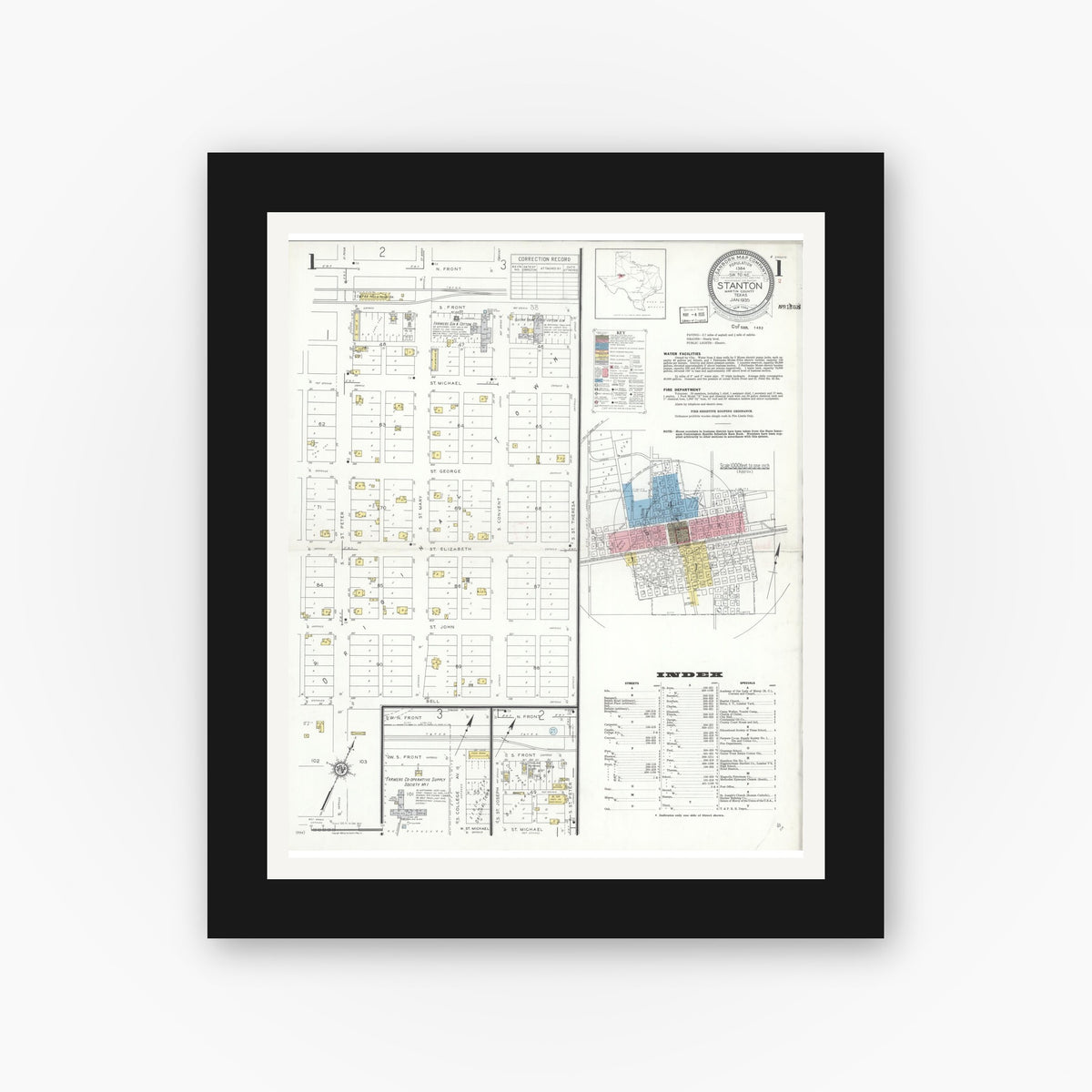 Old map wall art mockup — black gallery frame with white mat — Sanborn Fire Insurance Map from Stanton, Martin County, Texas (1935) - Complete Map Set