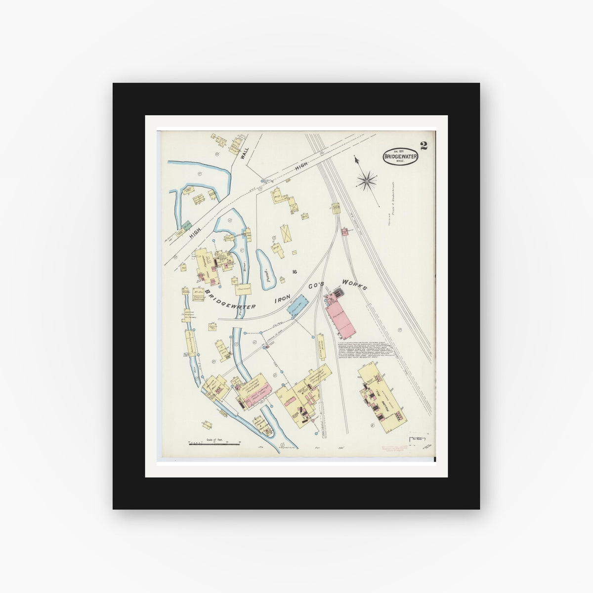 Old map wall art mockup — black gallery frame with white mat — Sanborn Fire Insurance Map from Bridgewater, Plymouth County, Massachusetts (1891), Sheet #0002