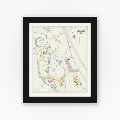 Old map wall art mockup — black gallery frame with white mat — Sanborn Fire Insurance Map from Bridgewater, Plymouth County, Massachusetts (1891), Sheet #0002