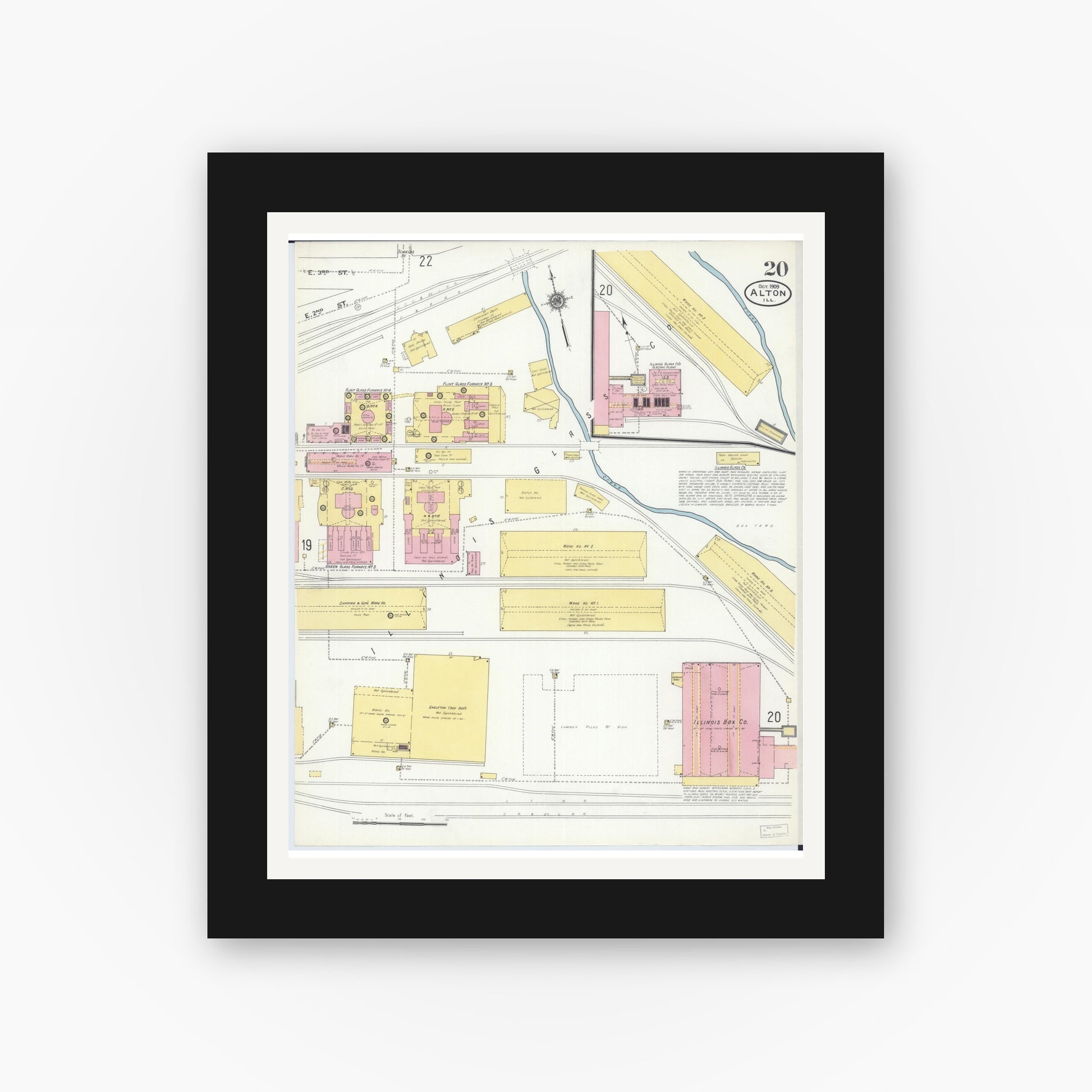 Old map wall art mockup — black gallery frame with white mat — Sanborn Fire Insurance Map from Alton, Madison County, Illinois (1909), Sheet #0020